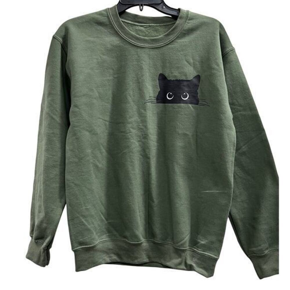 Unbranded green sweatshirt peekaboo quirky black cat SZ L
